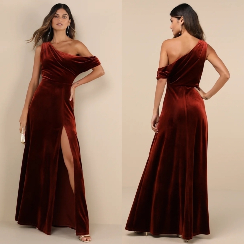 Lulus Coveted Confidence Rust Orange Velvet Asymmetrical Maxi Dress Wedding